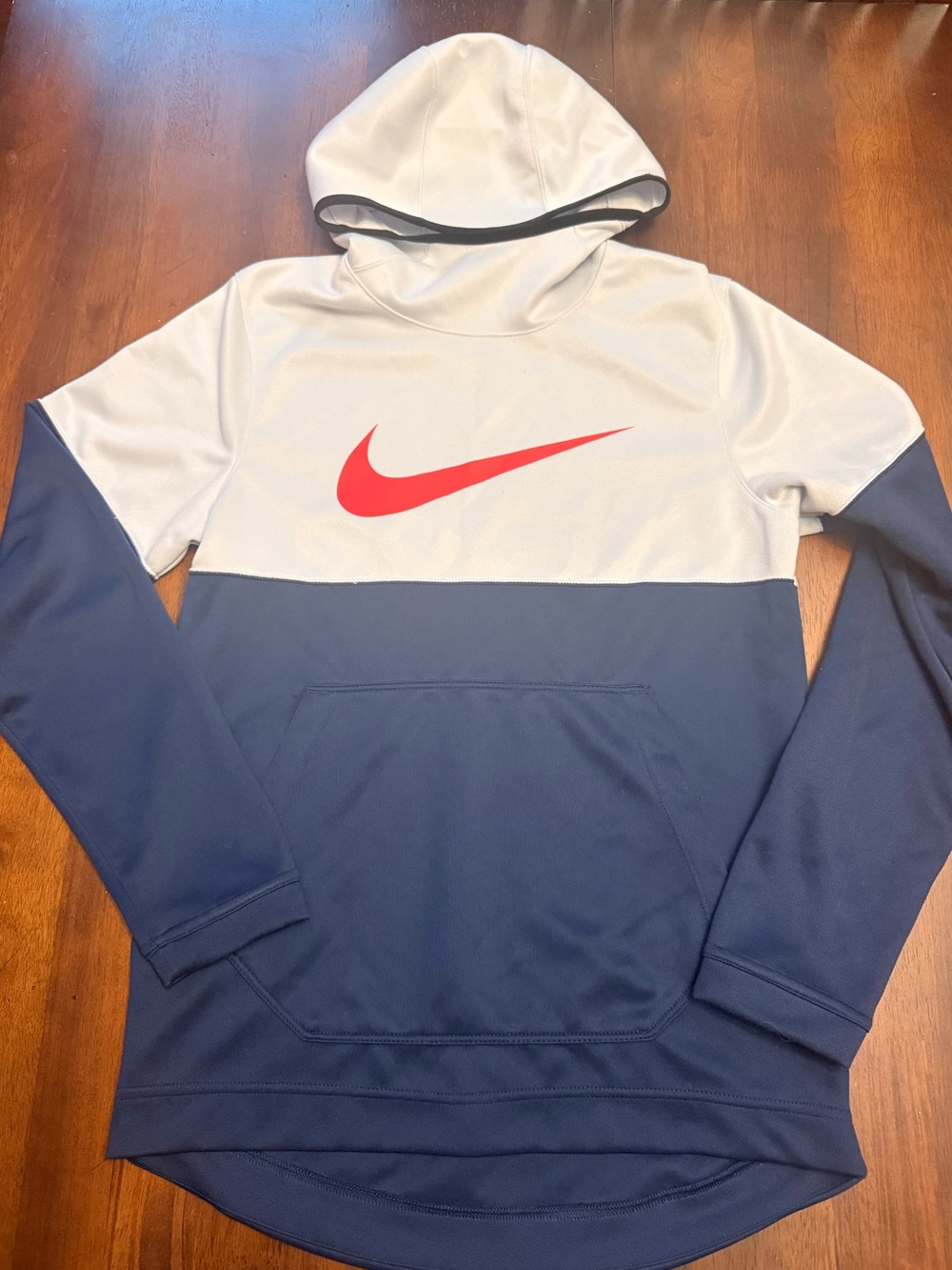 Nike Two-Tone White and Navy Hooded Sweatshirt with Red Swoosh
